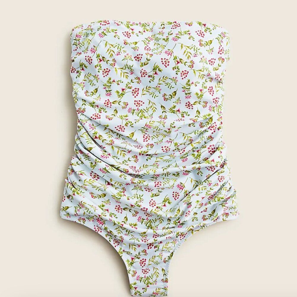 J. Crew Ruched Bandeau One-piece Swimsuit in Cloud Meadow Floral Womens Size 14